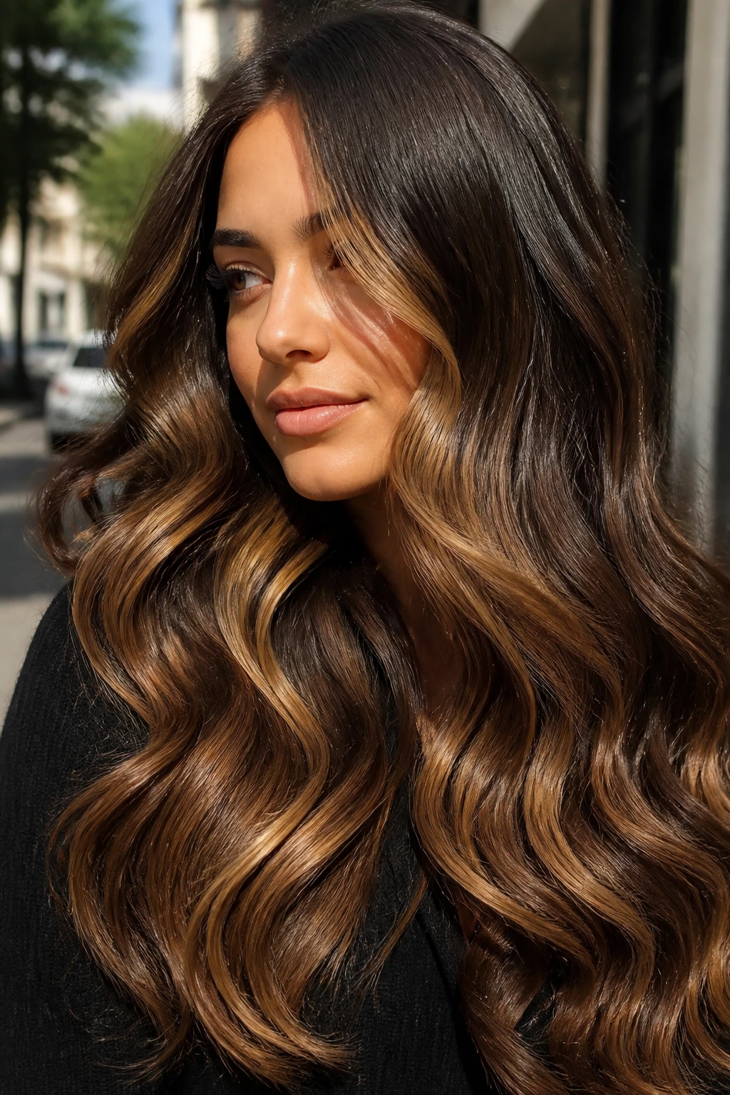 Close-up of thick wavy hair with large caramel blocks for movement.