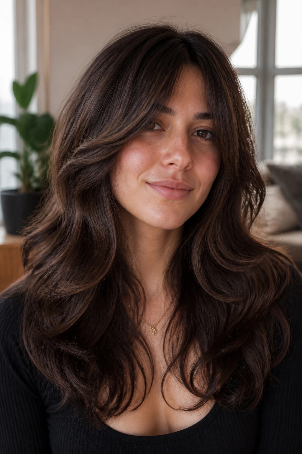 Close-up of a real person with thick wavy hair and rounded layers with long bangs