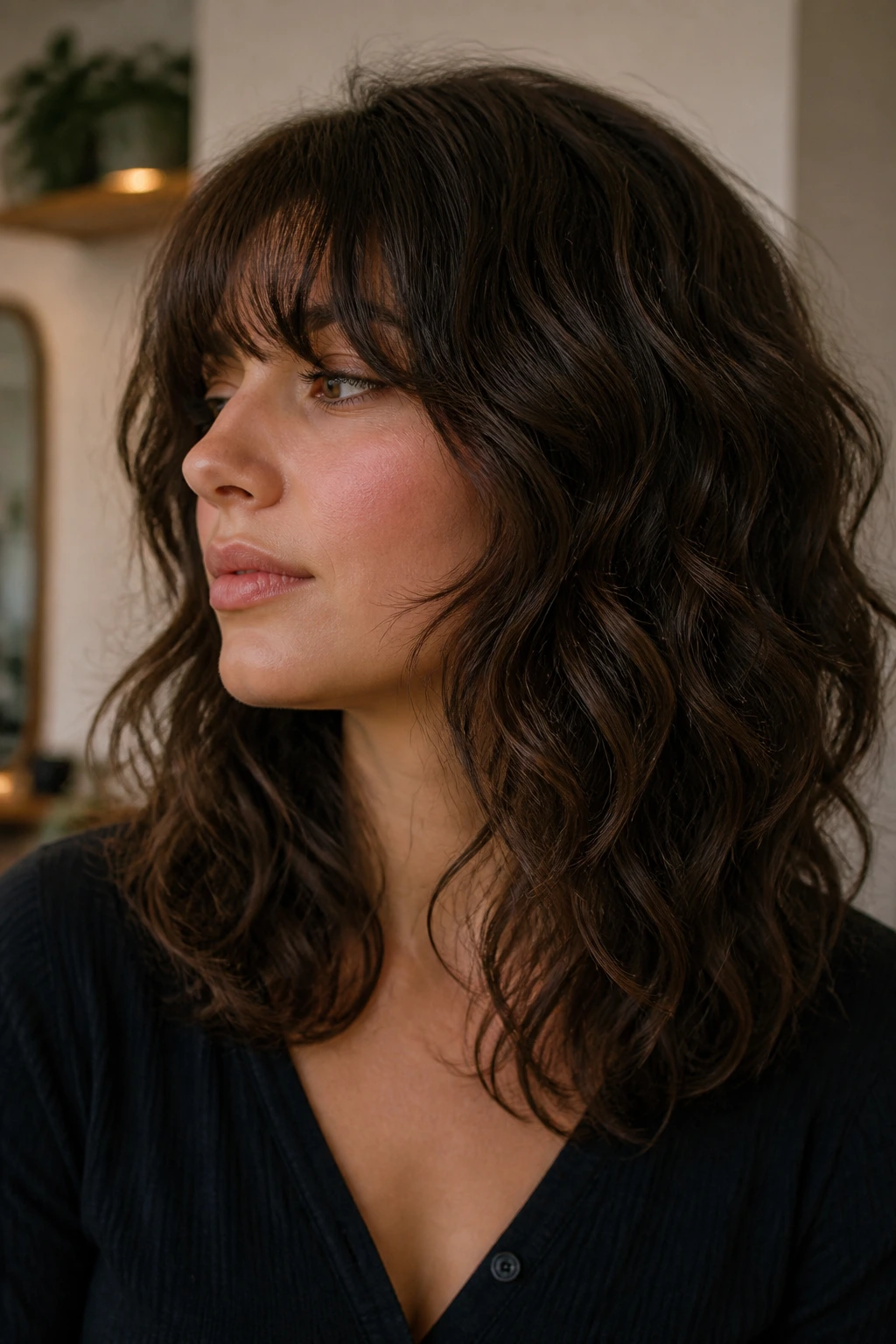 Portrait of a real person highlighting the silhouette of a thick wavy haircut
