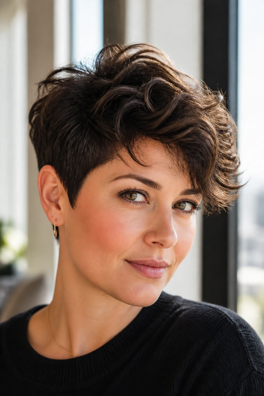 Real woman with thick wavy pixie and long top in a bright modern interior