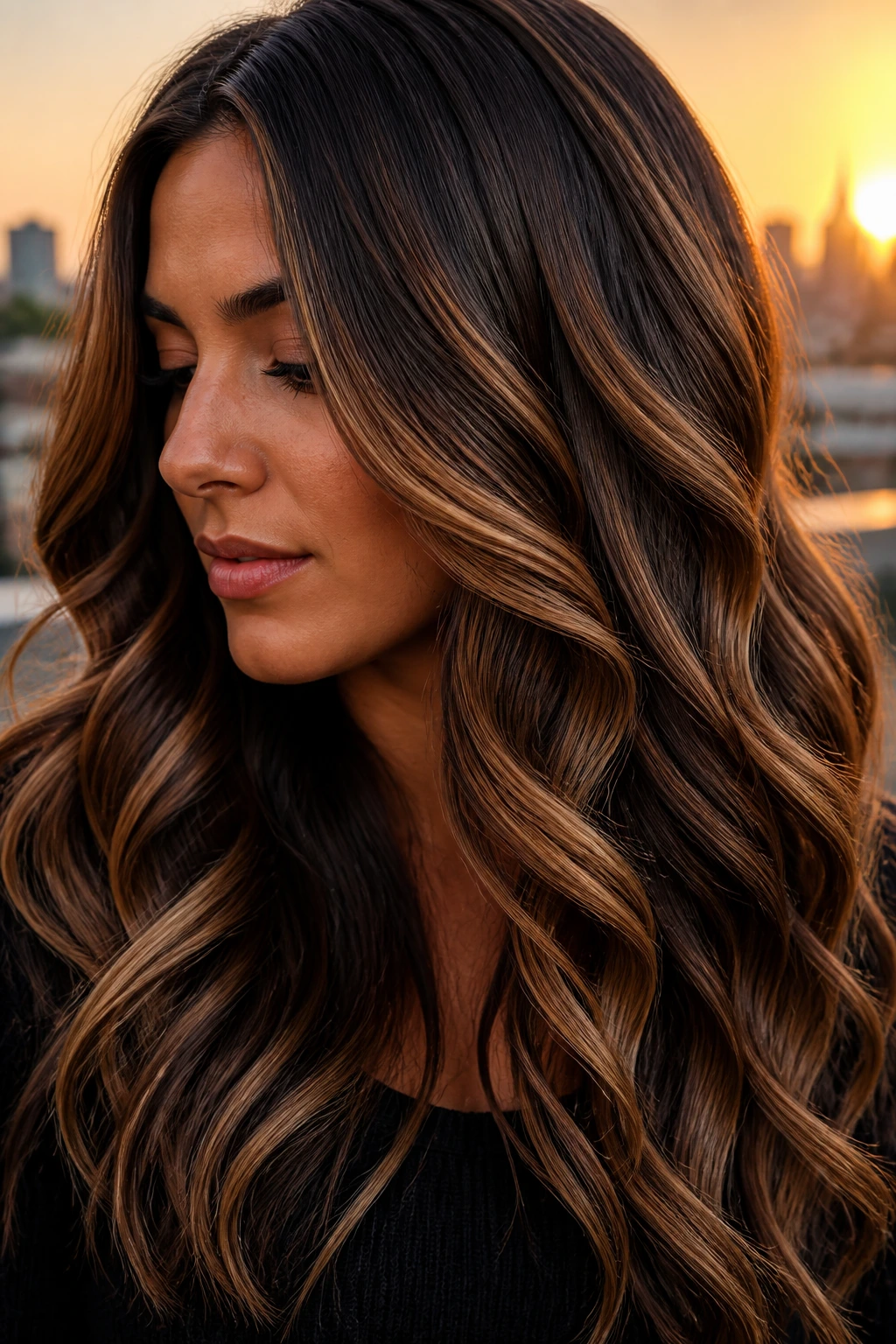 Real woman with thick wavy ribbon caramel highlights on dark hair