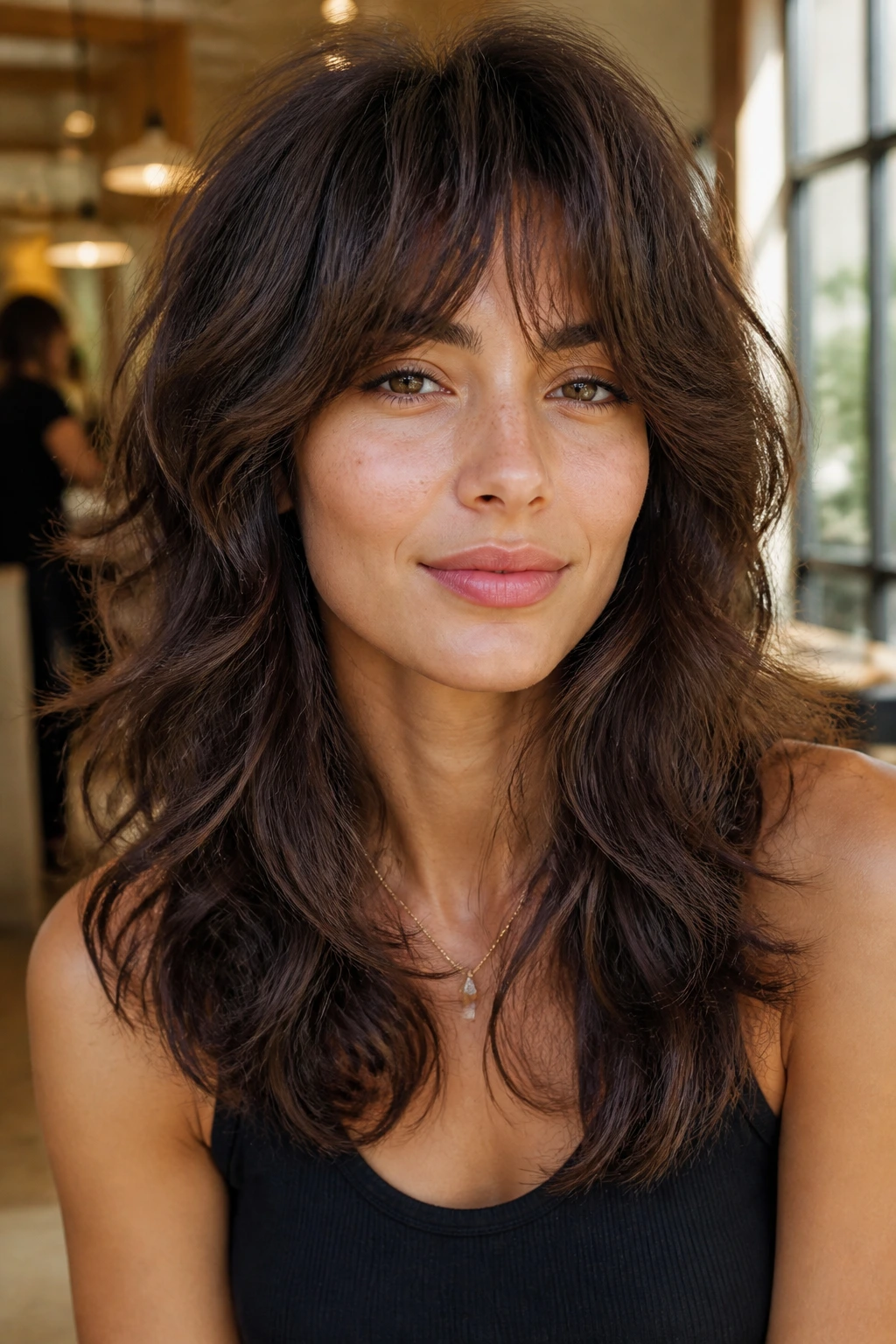 Close-up portrait of a real woman with thick wavy hair in a tapered shag, salon setting