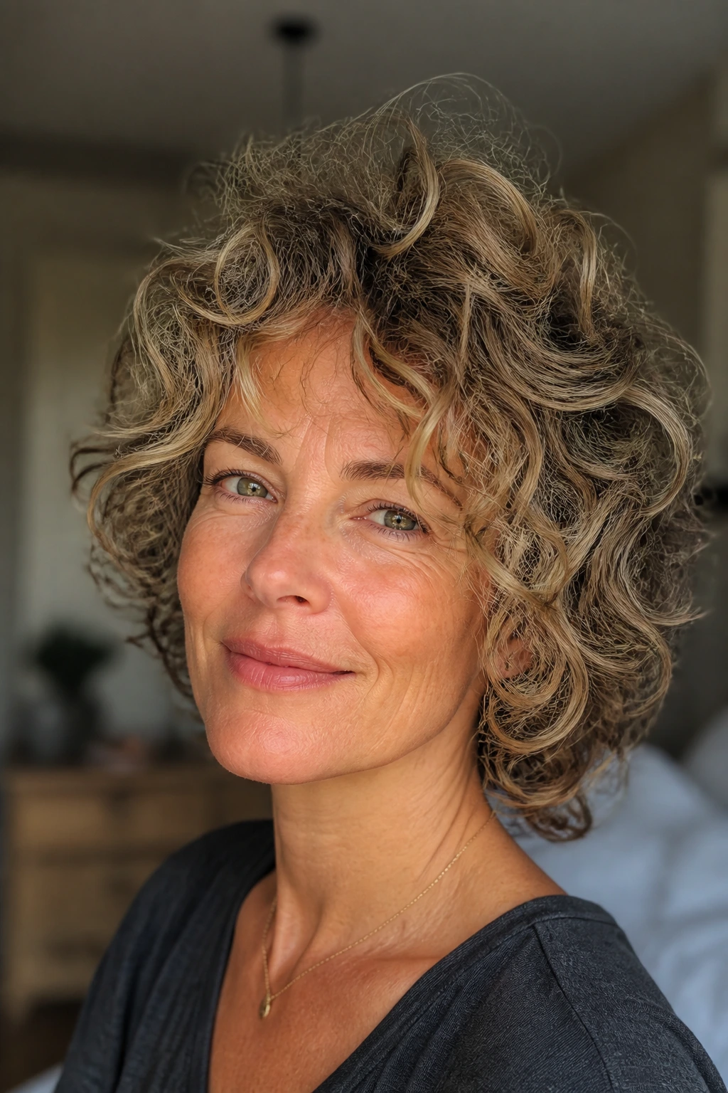 Close-up of a real woman with thin loose curls showing crown lift