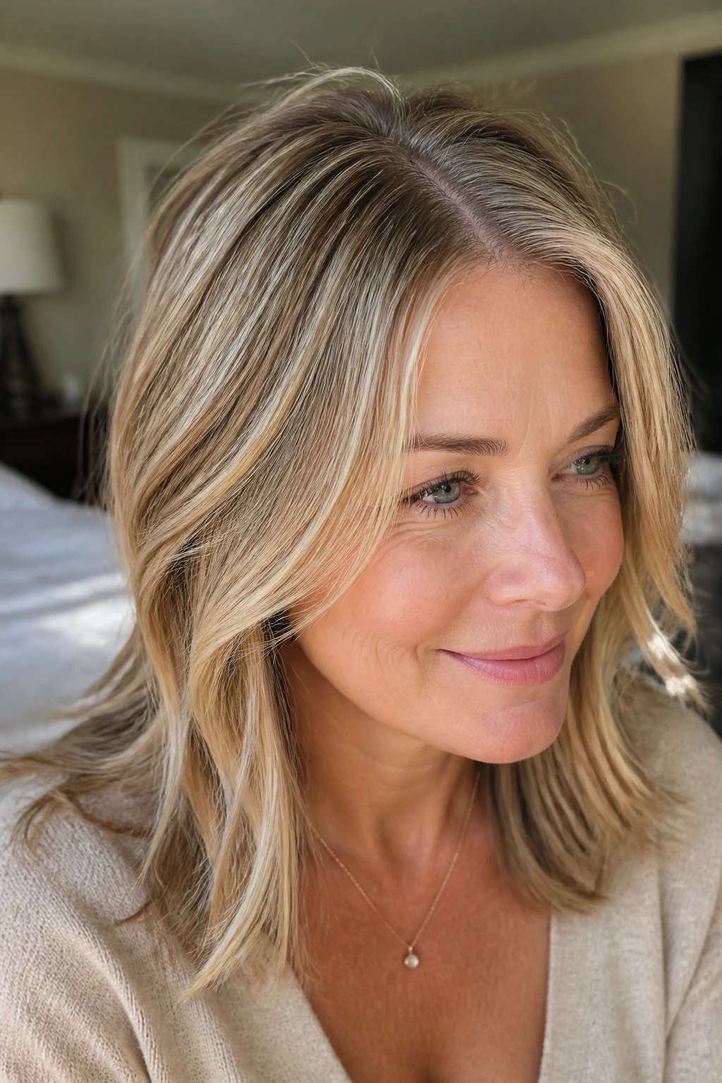 Close-up portrait of a real woman with thin hair showing silhouette at crown and face framing babylights