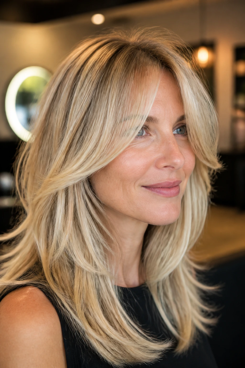 Close-up portrait of a real woman with long layered bangs for thin hair, showcasing movement and dimension