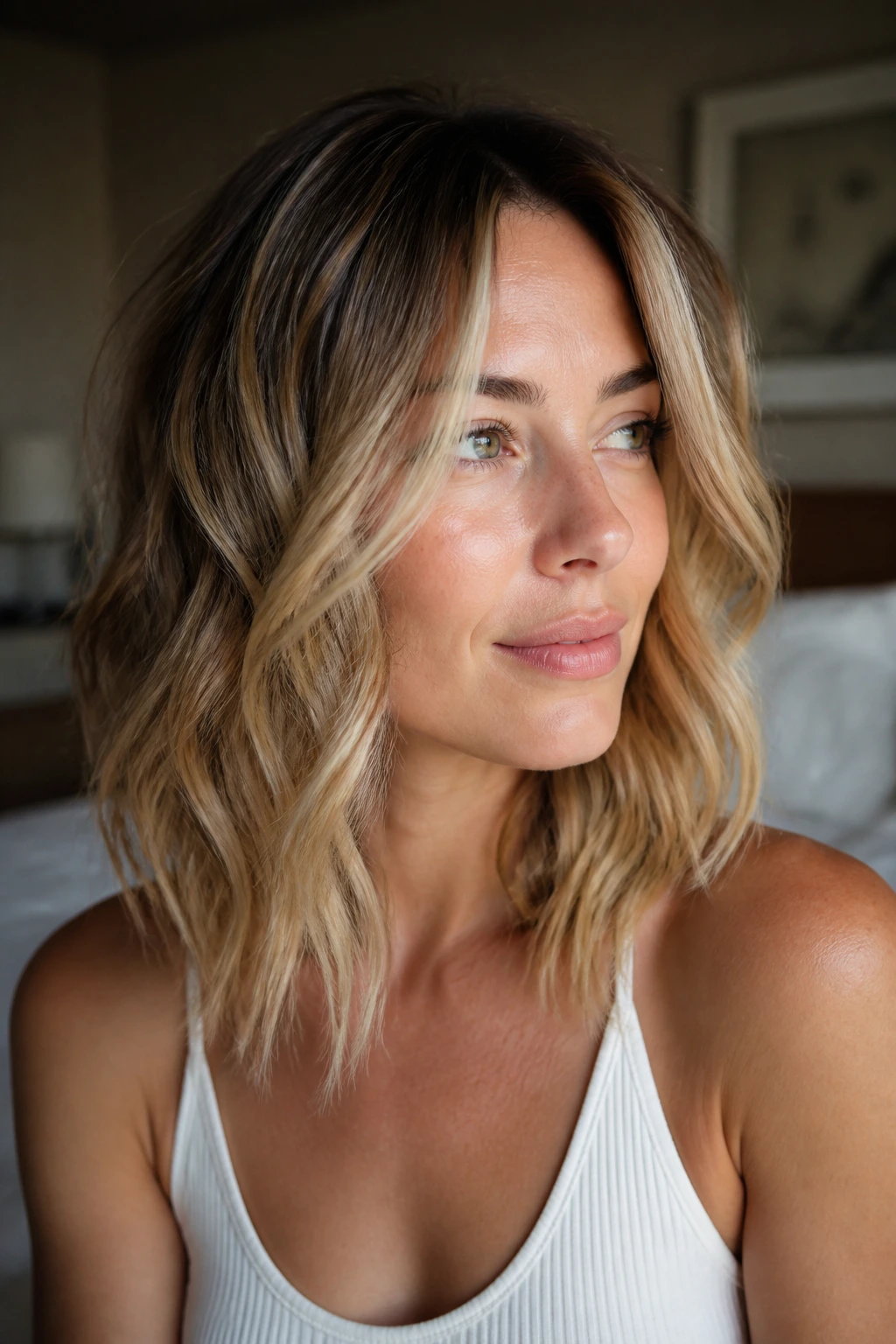 Close-up of a real woman with shoulder-length beachy waves and face-framing layers for thin hair