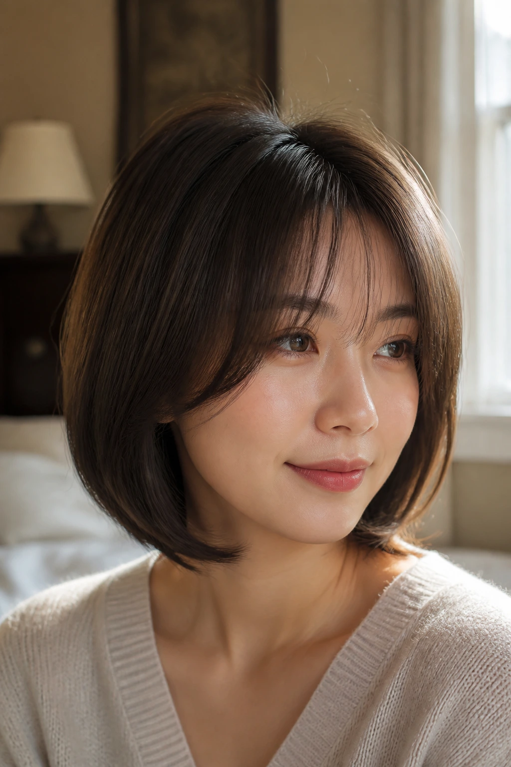 Close-up portrait of a real woman with a thin-hair fullness bob and soft curtain fringe.