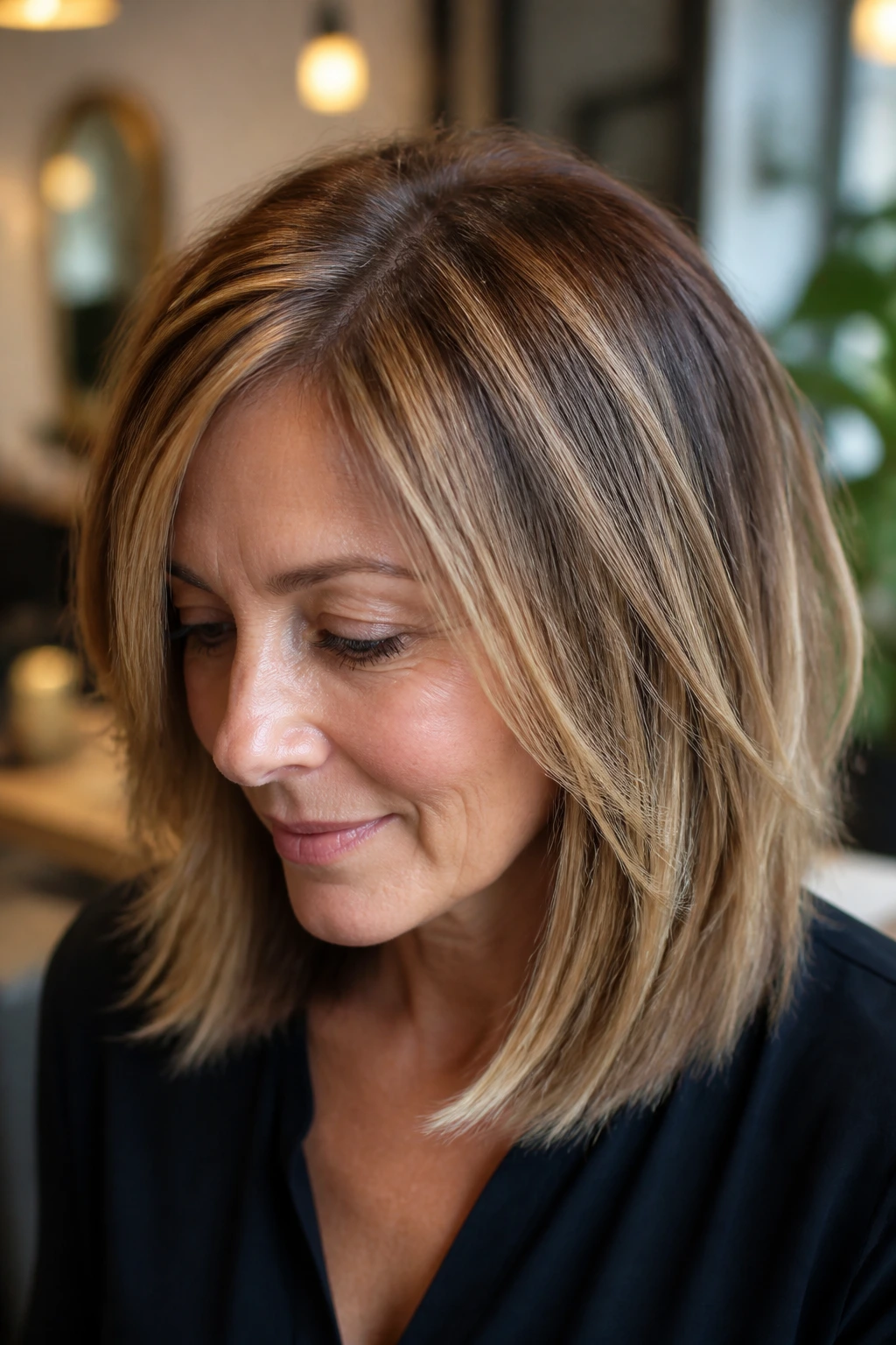 Close-up portrait of a real person with thin hair and caramel highlights showing depth and dimension