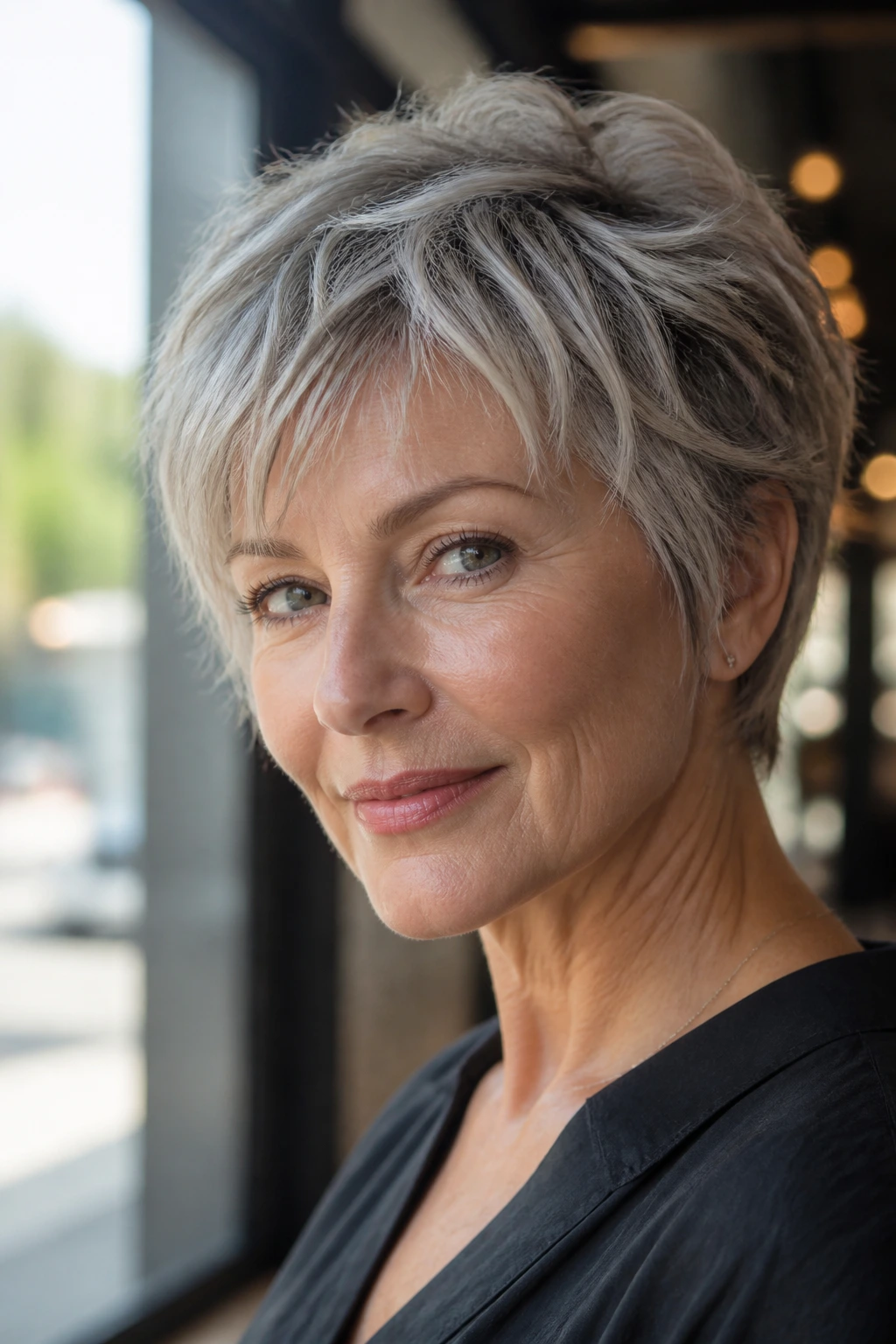 Close-up portrait of a real woman with thin hair choppy crop density illusion