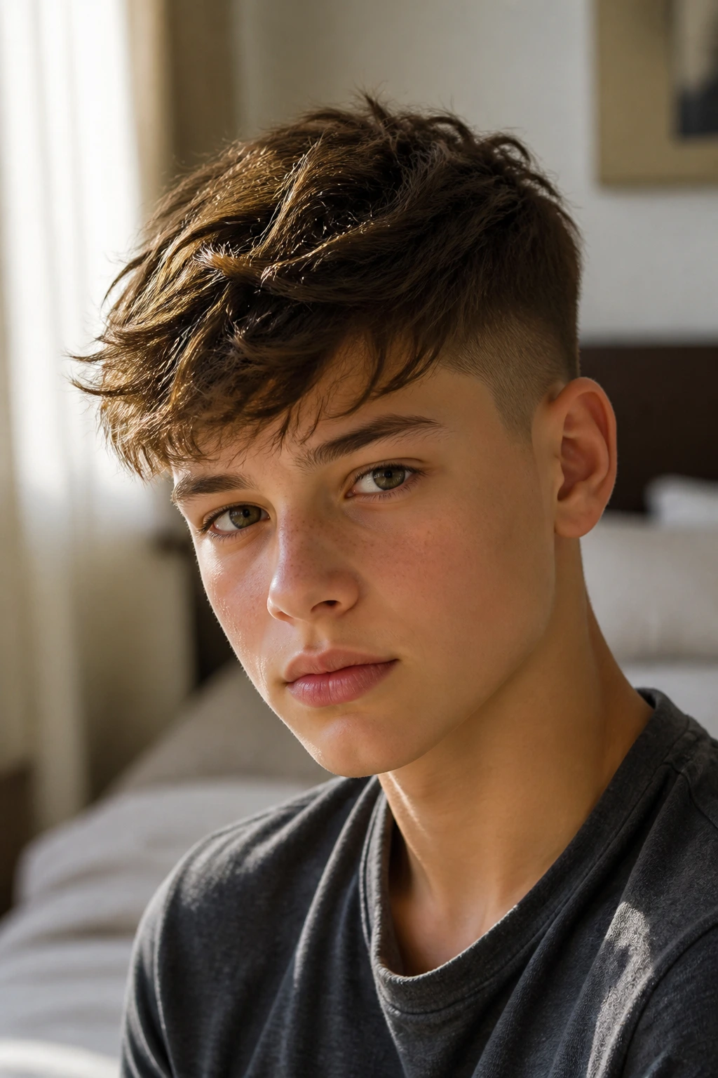 Close-up portrait of a real boy with a haircut designed for thin hair showing texture and short sides