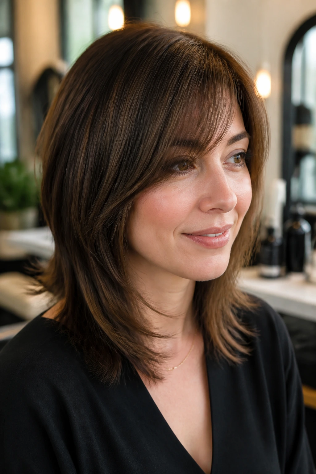 Portrait of a real woman with a subtle layered cut and side-swept bangs