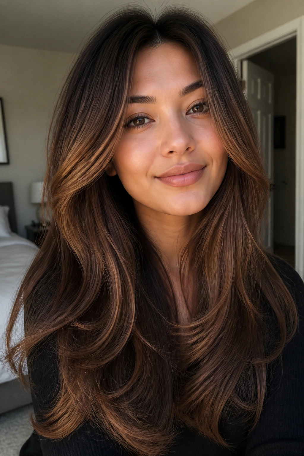Close-up portrait of a real woman with long layered hair and caramel highlights for thin-hair lift