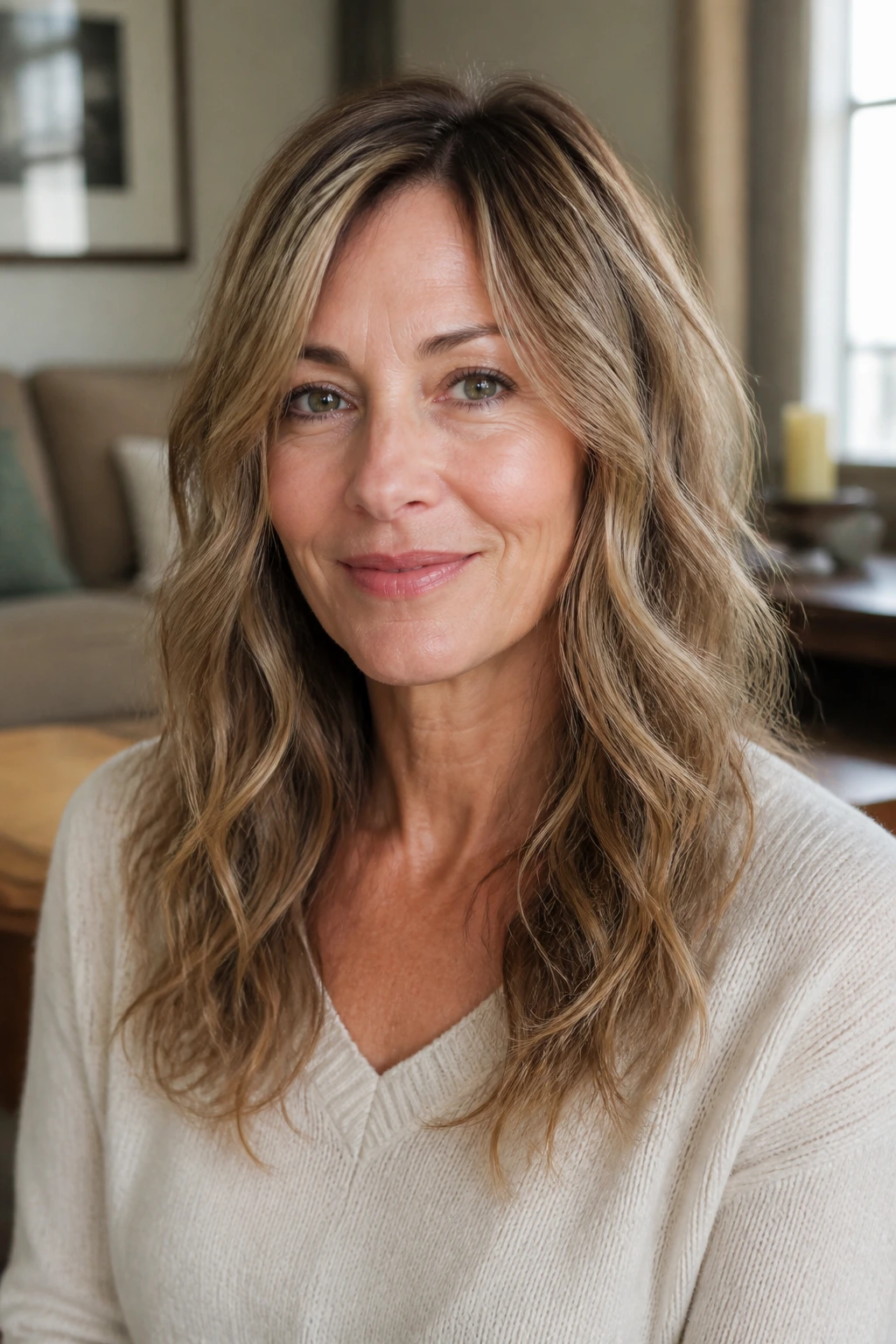 Close-up of real woman with thin wavy hair and long blended layers