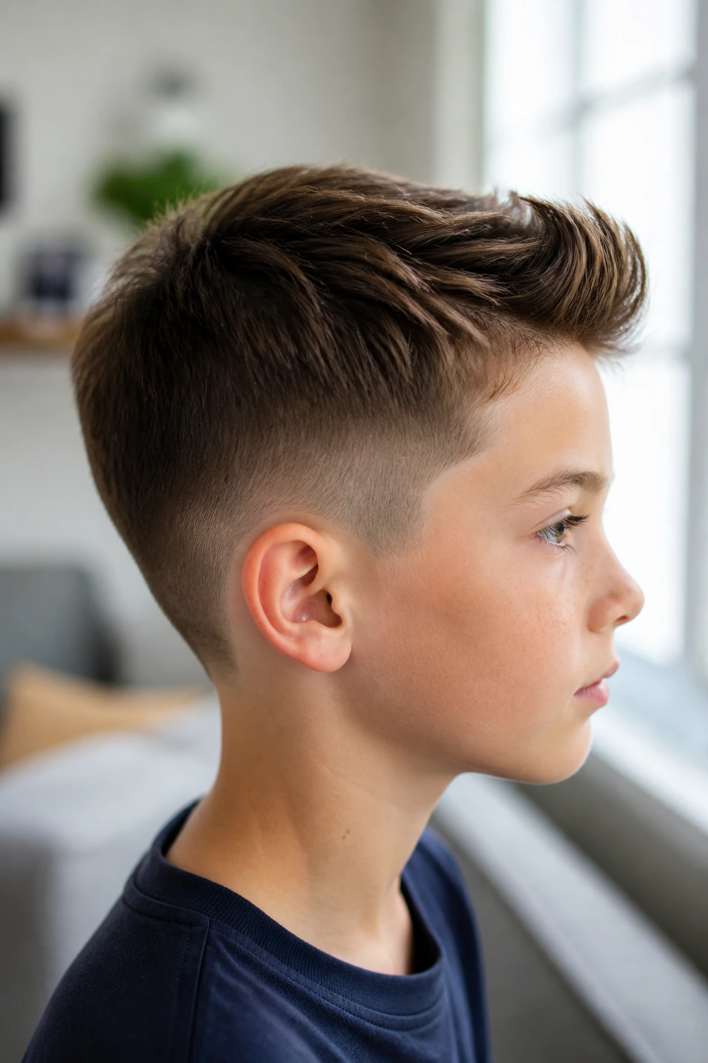 Portrait of a real boy with a crisp short sides and longer top haircut.