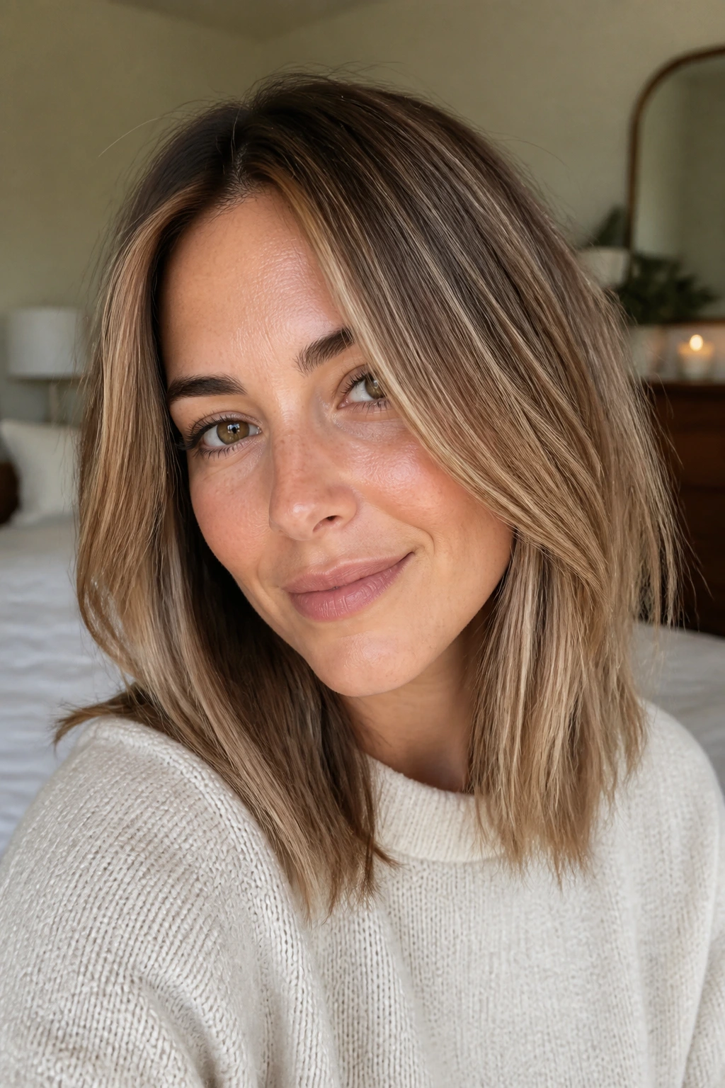 Close-up portrait of a real person with fuller-looking midlength hair and beige babylights