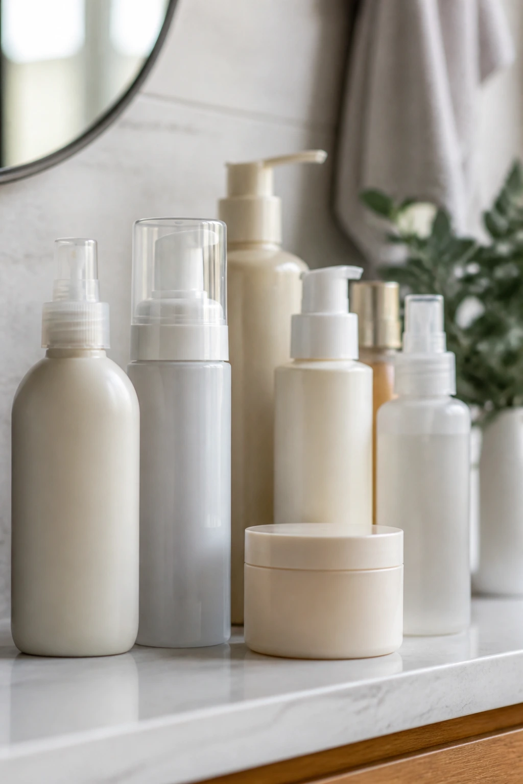 Label-free hair product bottles on a bathroom shelf for thin hair