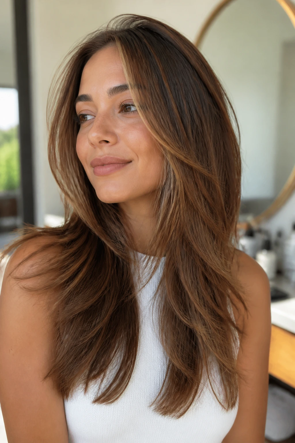 Portrait of woman with lifted roots and heavy ends in vanity lighting