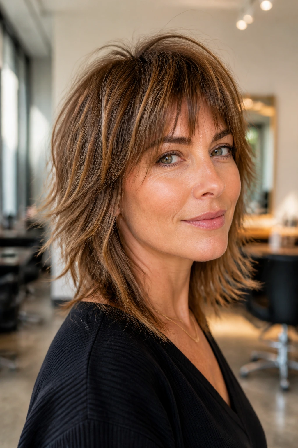 Portrait of a woman with choppy shag on thin medium hair showing crown lift and layered ends