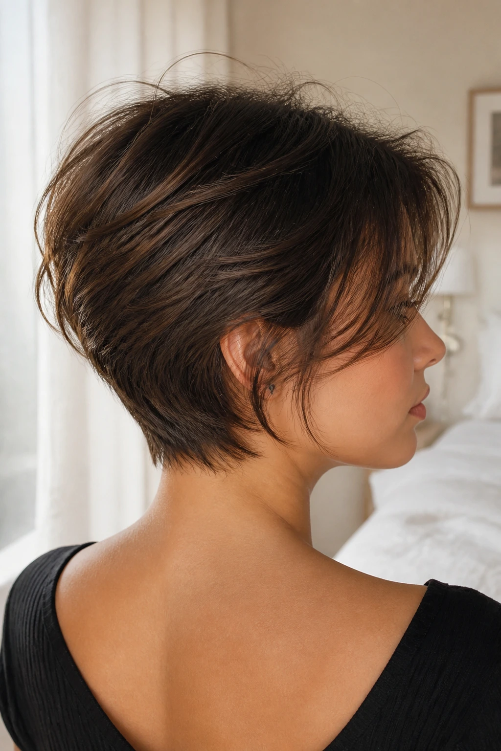 Close-up of a real woman's back of head with stacked nape layers and curtain bangs