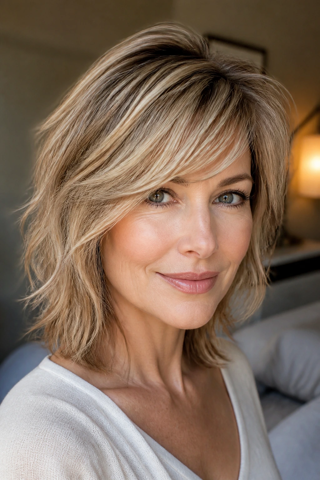Close-up of a real woman with side-swept bangs and soft waves on thin hair.