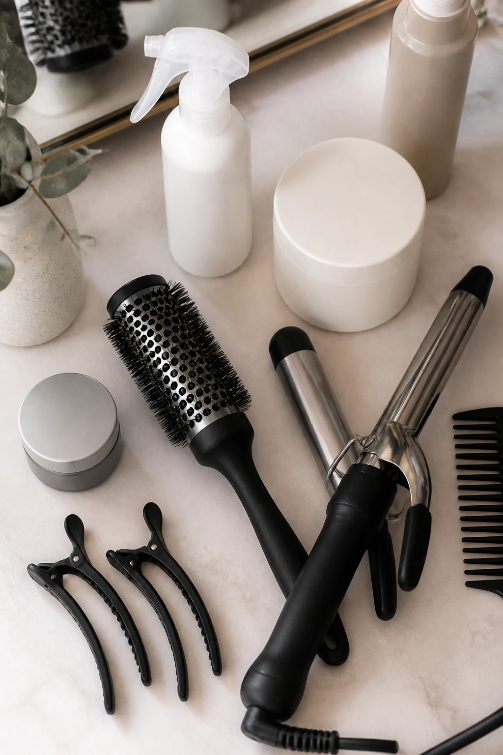 Flat lay of unbranded hair styling tools for thin hair