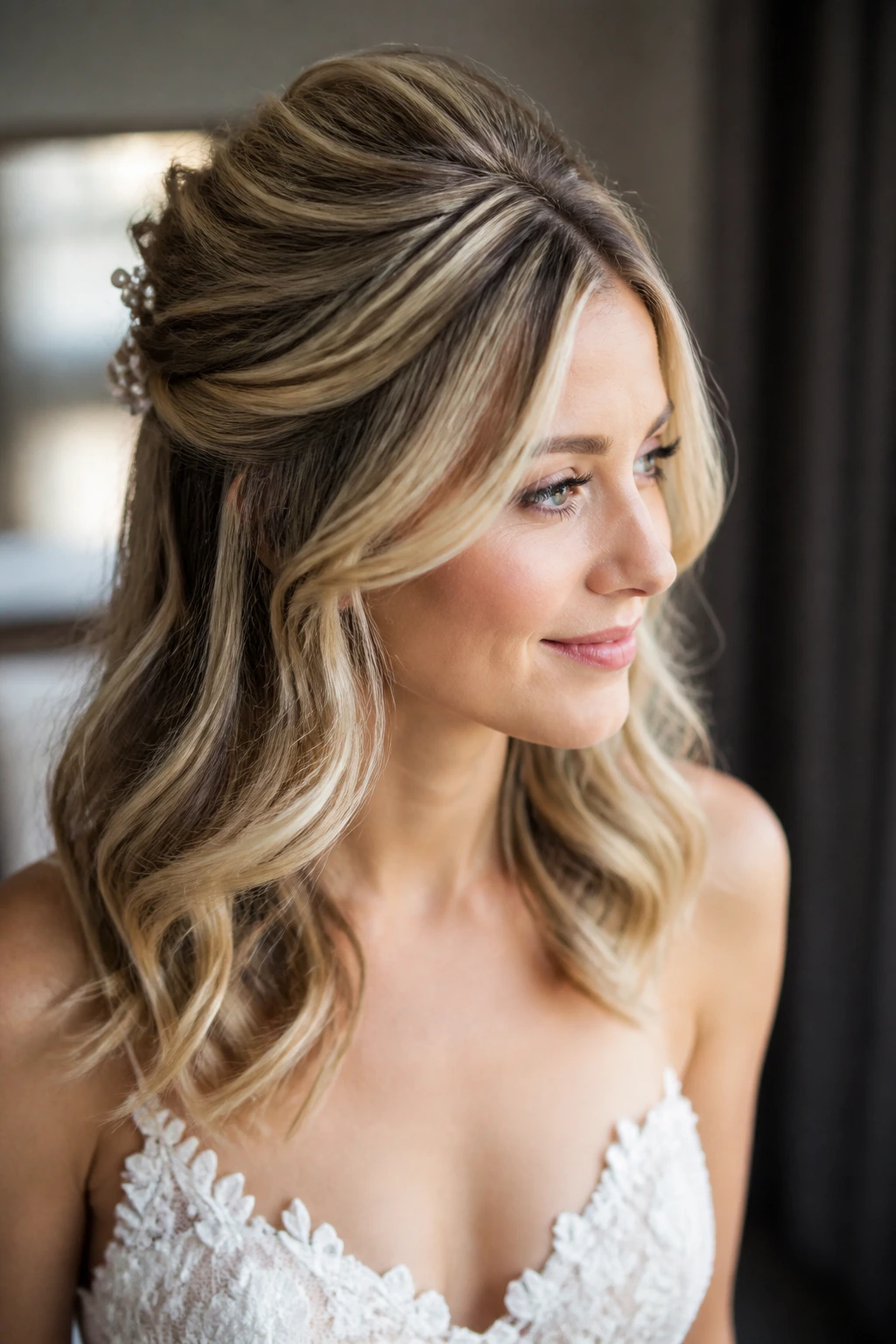 Close-up portrait of a bride with textured crown volume on thin medium-length hair