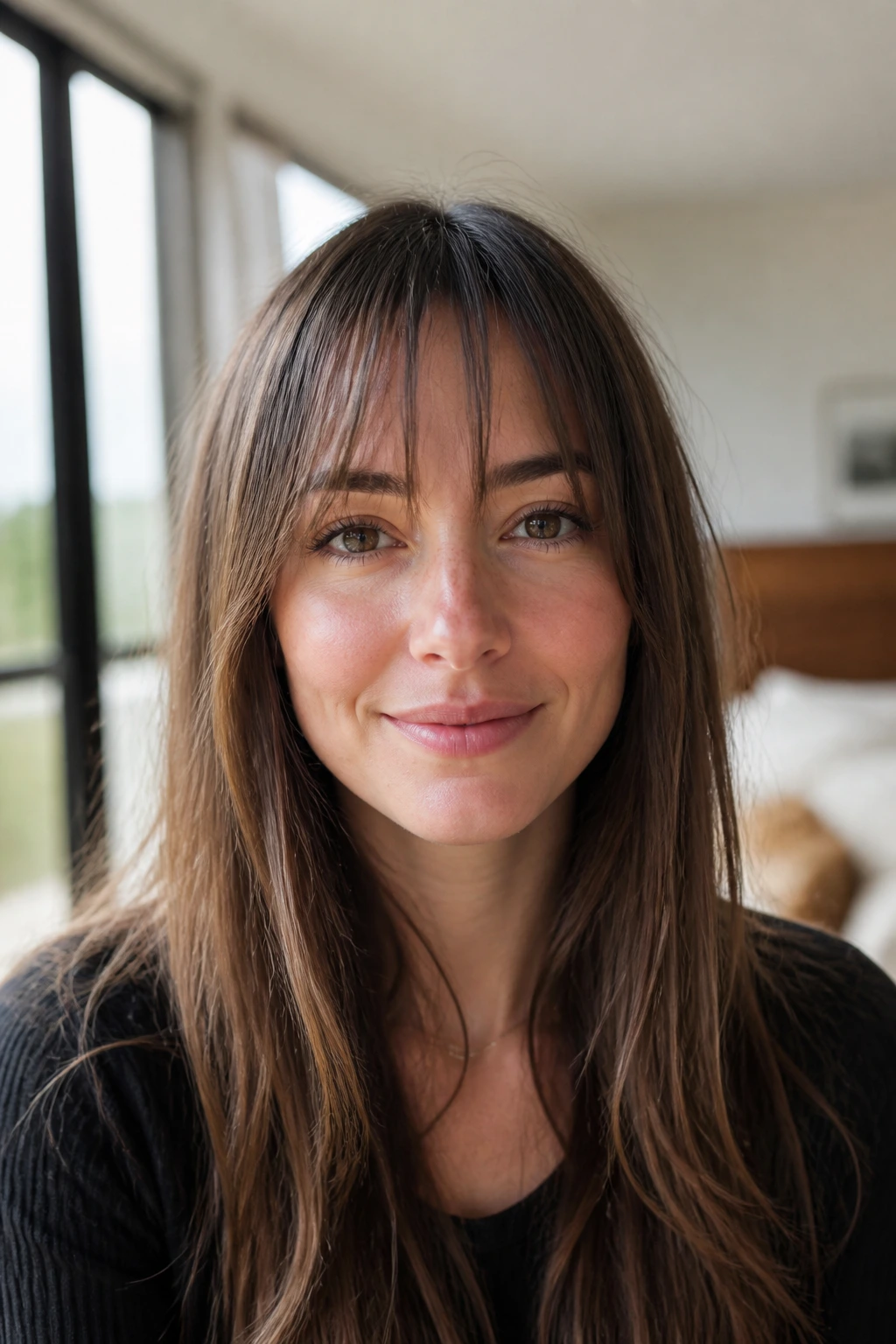 Close-up of a woman with thin sliced fringe skimming the forehead