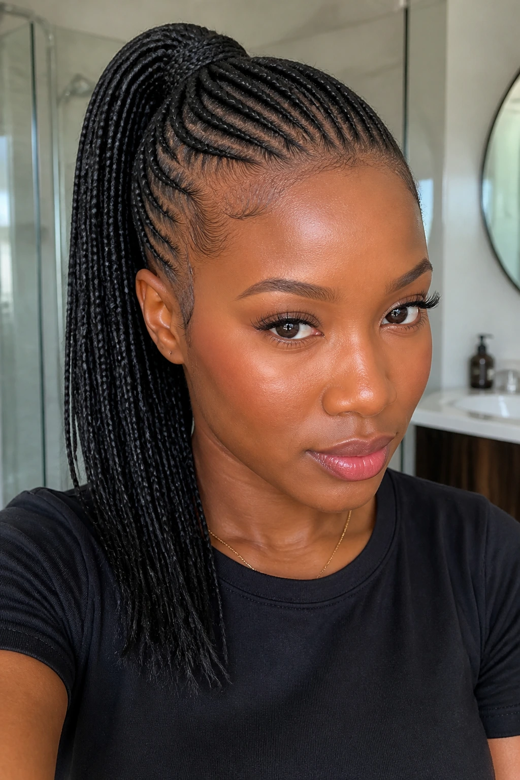 Close-up portrait of a real woman with flat, narrow stitch braids forming a ponytail