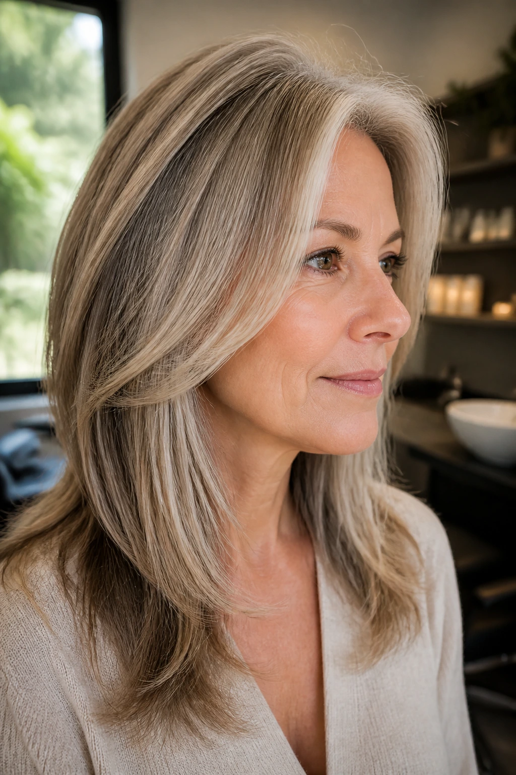 Real woman with front and crown lift maintaining density in thinning hair