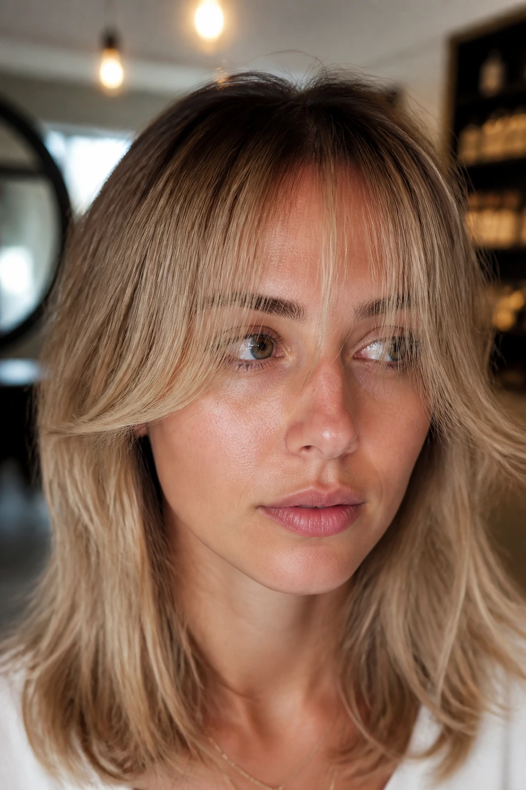 Close-up of a woman with wispy center fringe from over-thinned bangs