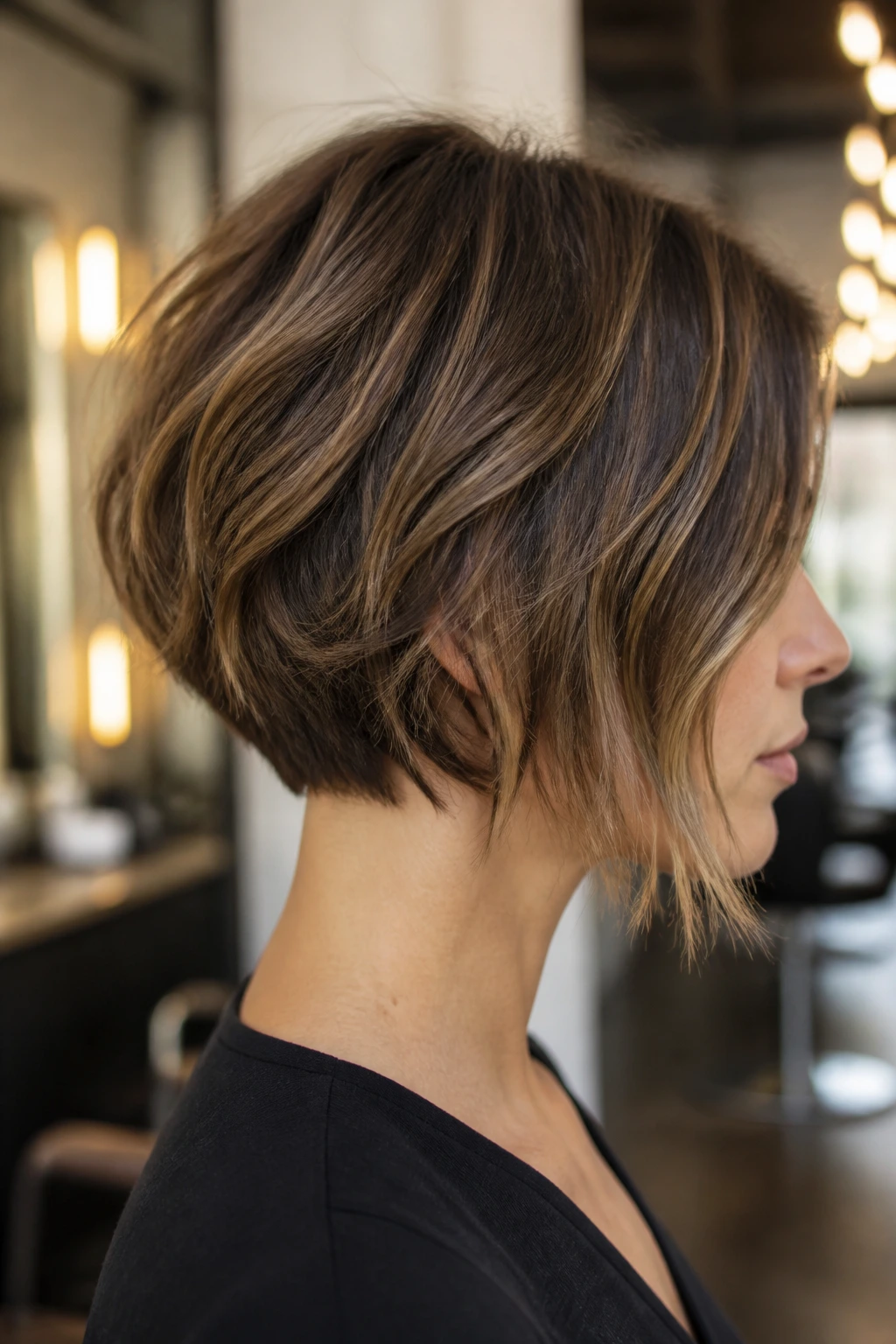Profile view of a real person showing the stacked cut at the back with longer front pieces.