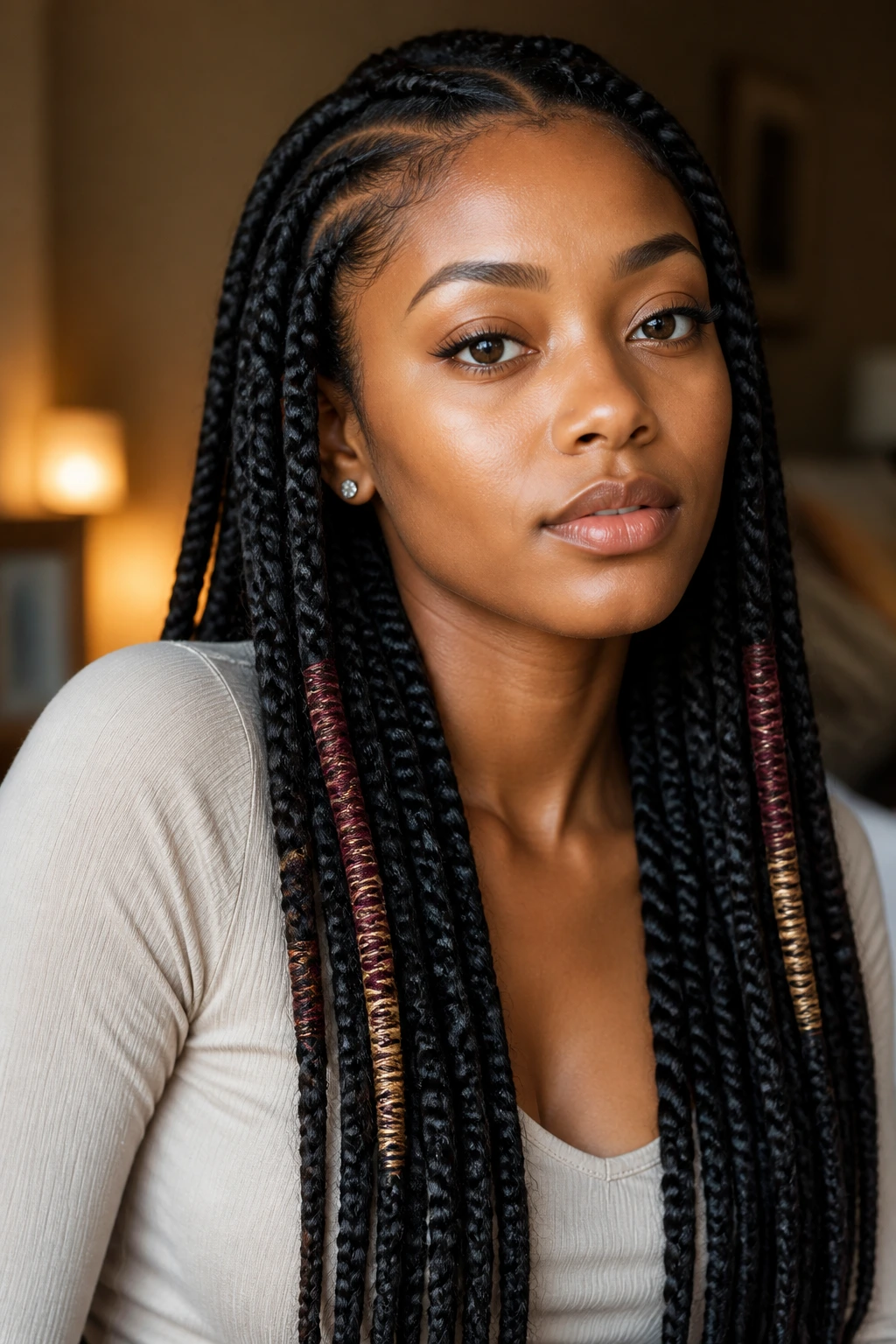 Close-up of long braids with thread-wrapped accents on a real person.