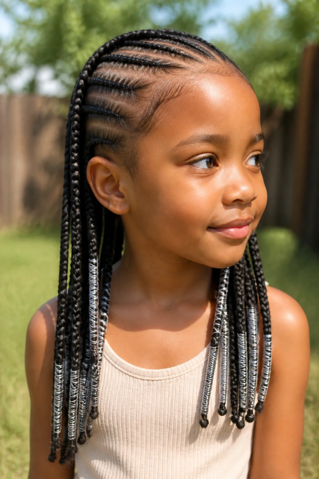 Close-up of a real child with thread-wrapped braids