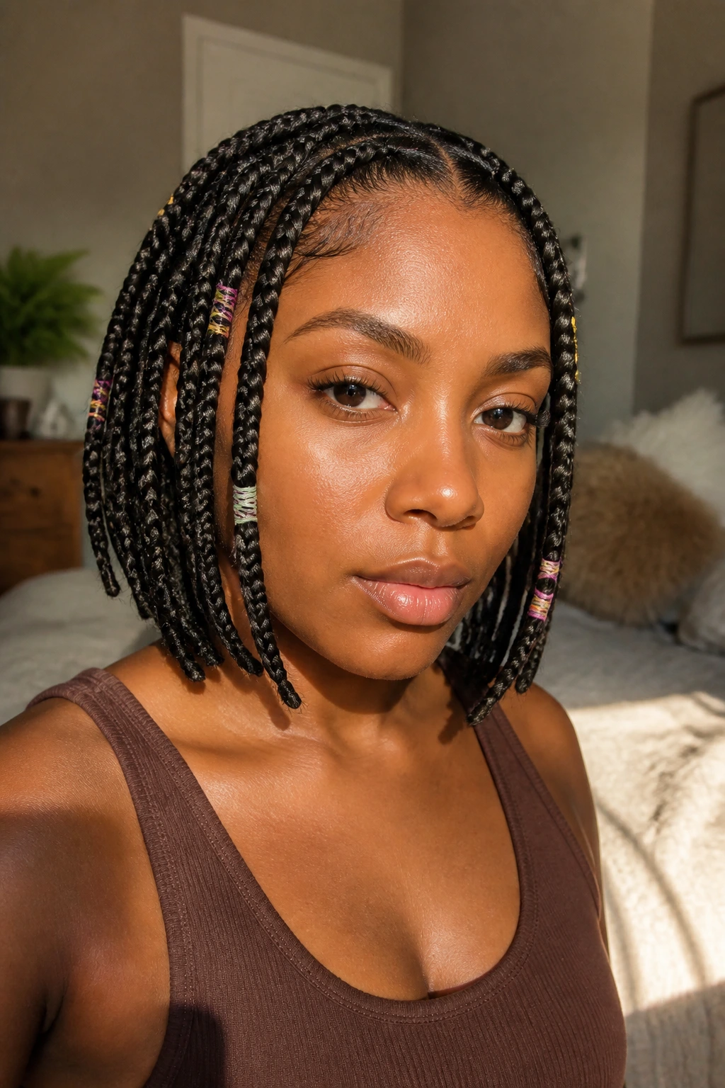 Close-up of real woman with thread-wrapped knotless braids showing wrapped segments