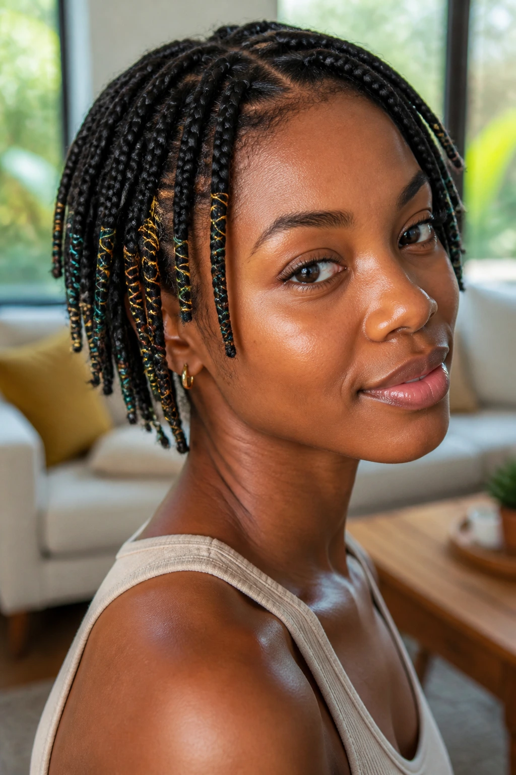 Close-up of a real person with short braids and thread wraps
