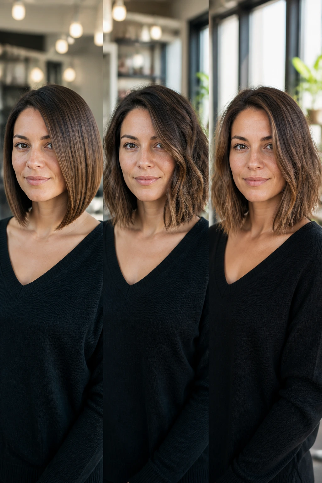 Portrait showing three styling variations of a long inverted bob