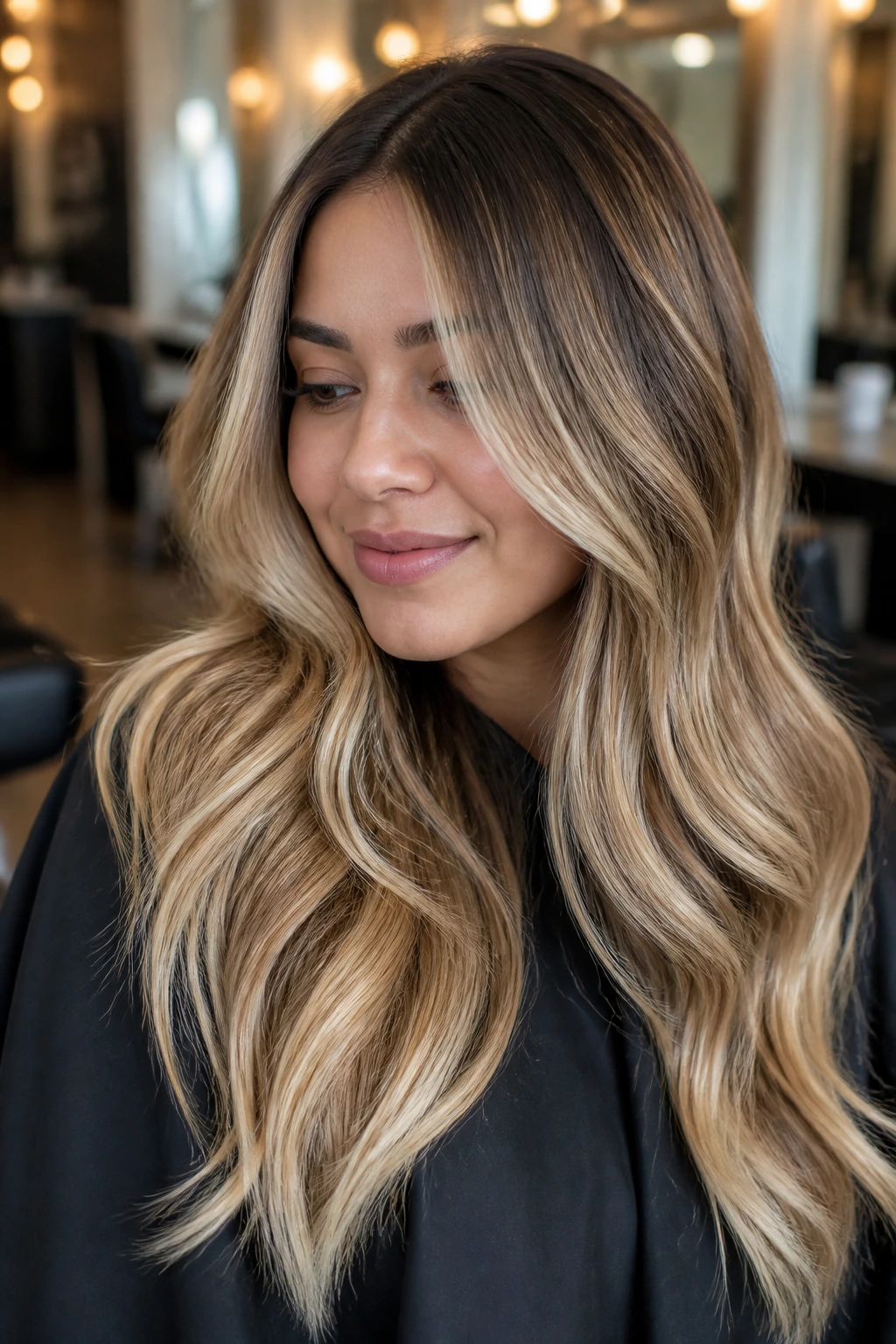 Close-up of a real woman's long hair with three distinct blonde shades in a salon