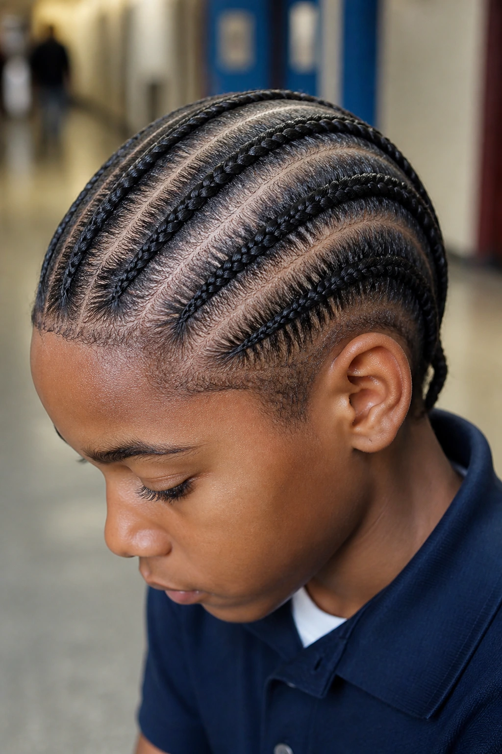 Real boy with three slim cornrow rows from hairline to nape in hallway light