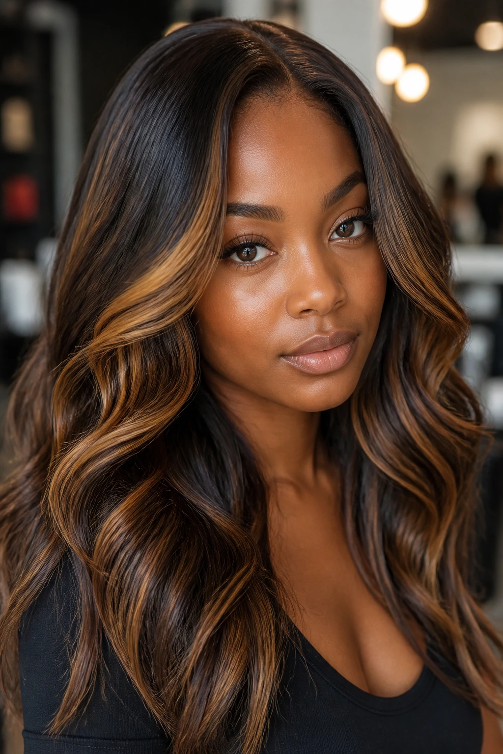 Portrait of a person with deep brown hair featuring tiger eye balayage of caramel, honey, gold, and chestnut.