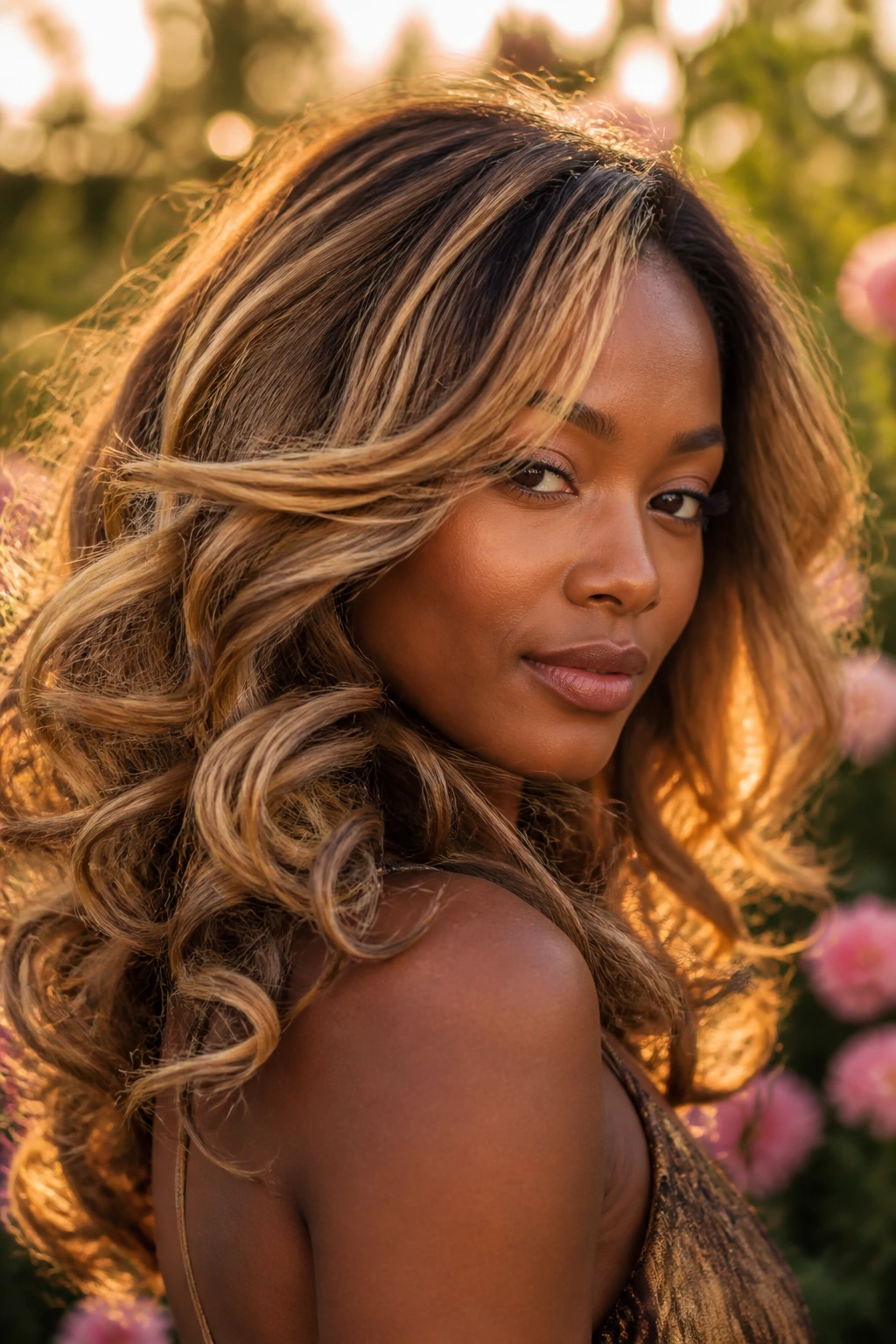 Close-up of a person with tiger-eye blonde hair with caramel, bronze, and gold tones
