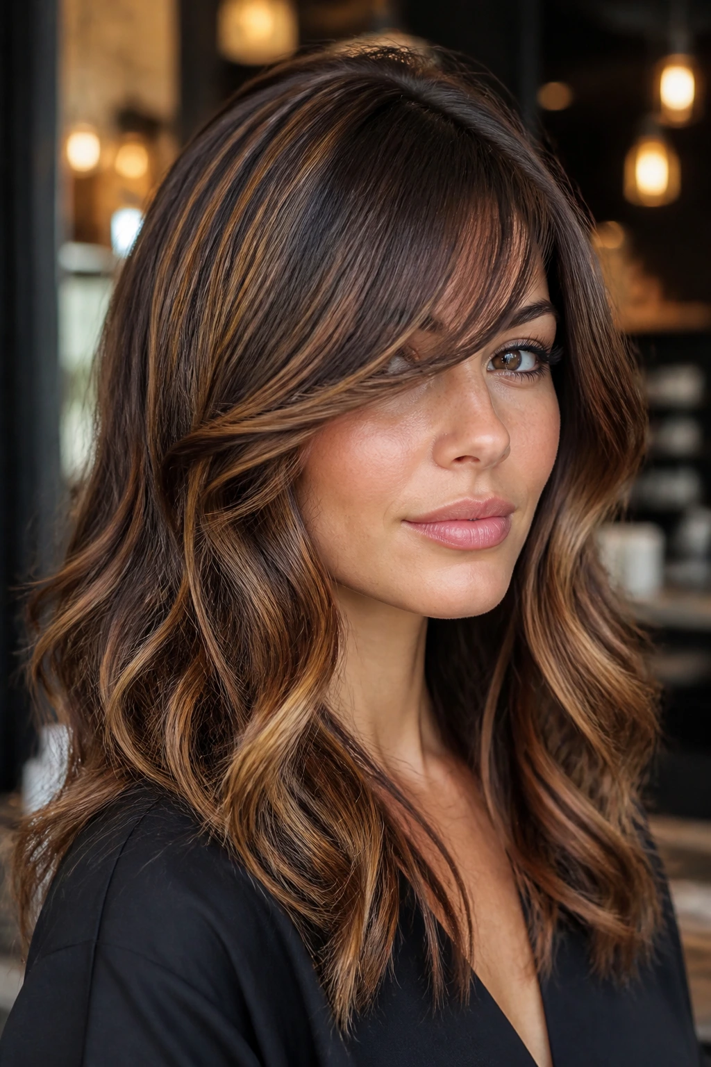 Close-up portrait of a real woman with tiger eye caramel hair and side-swept bangs