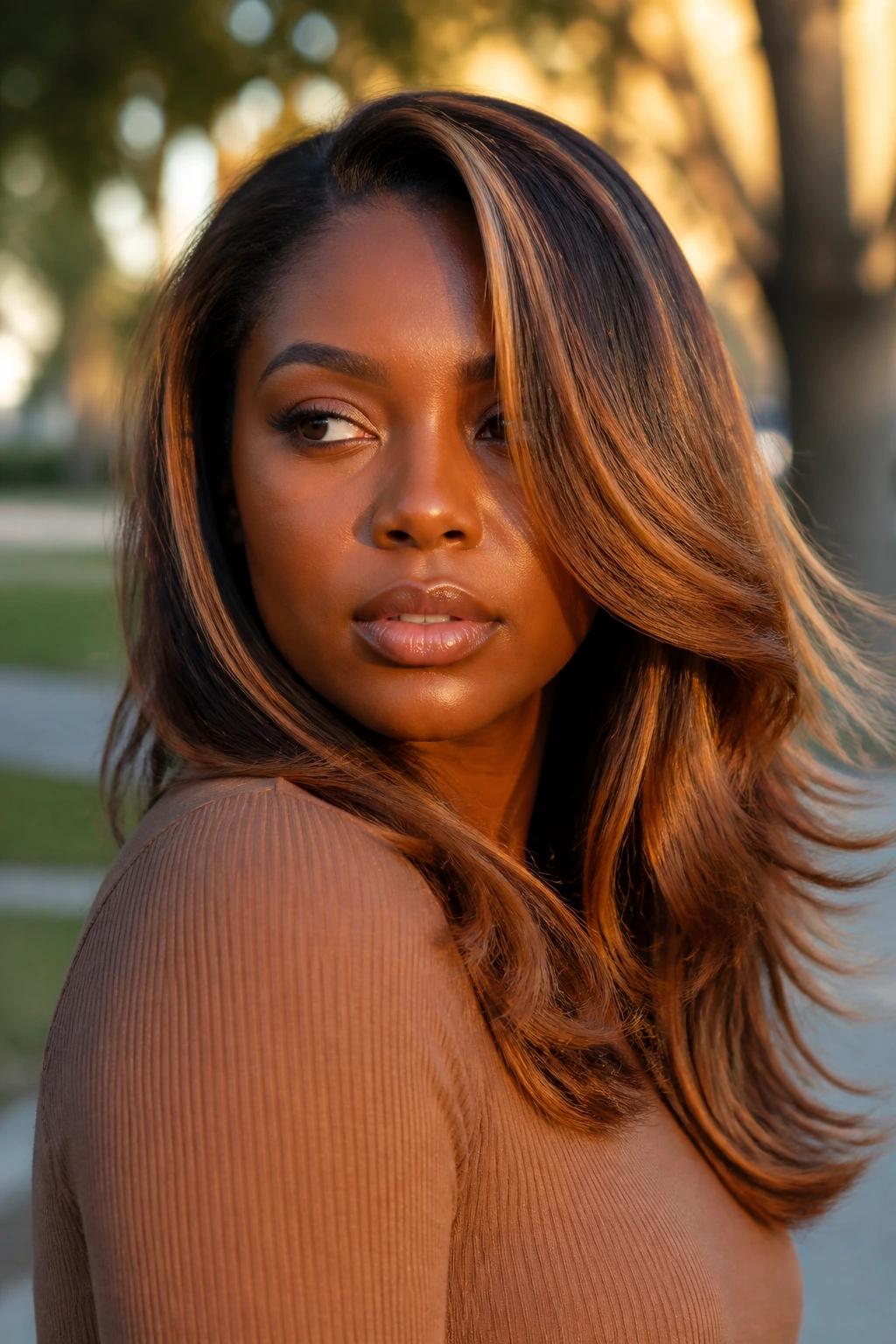 Portrait with tiger-eye highlights on layered hair for deep skin tone