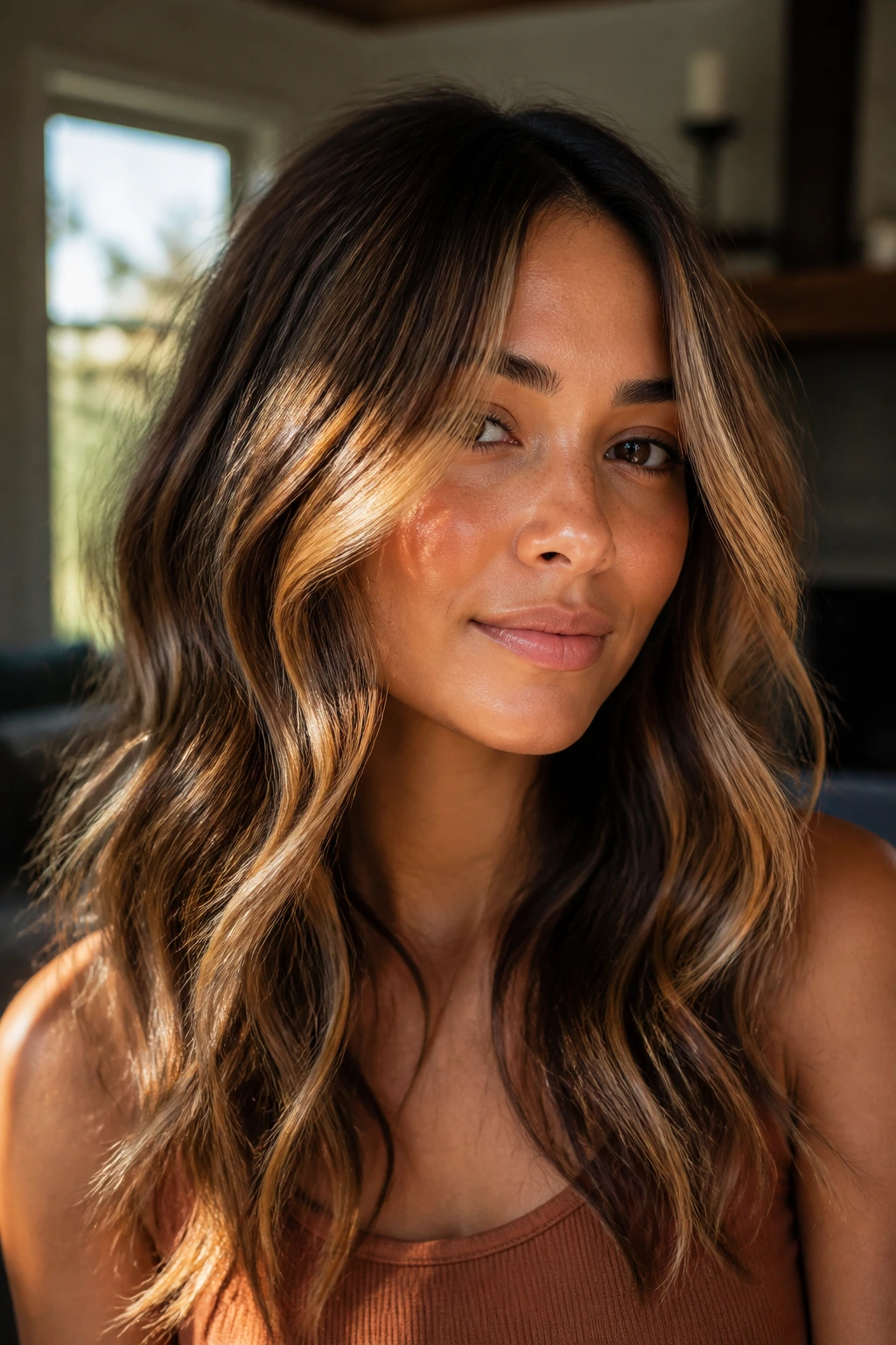 Portrait of a woman with tiger eye highlights in beachy waves