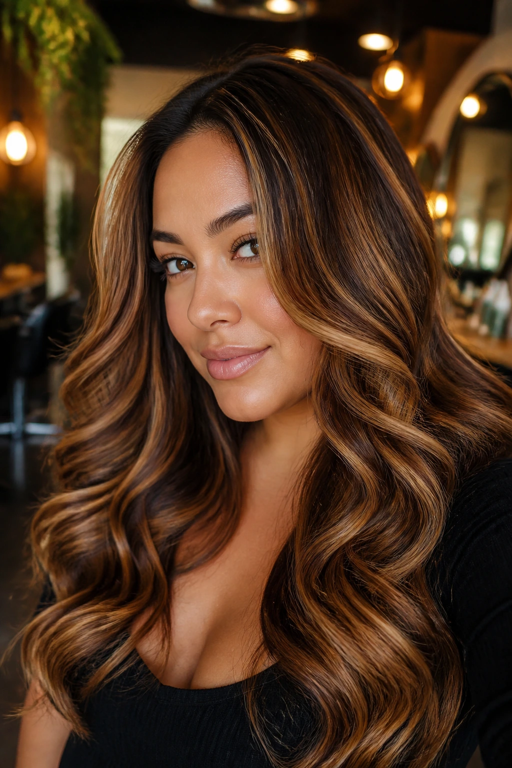 Close-up portrait of a real woman with tiger-eye ribbons in dense hair under warm salon lighting