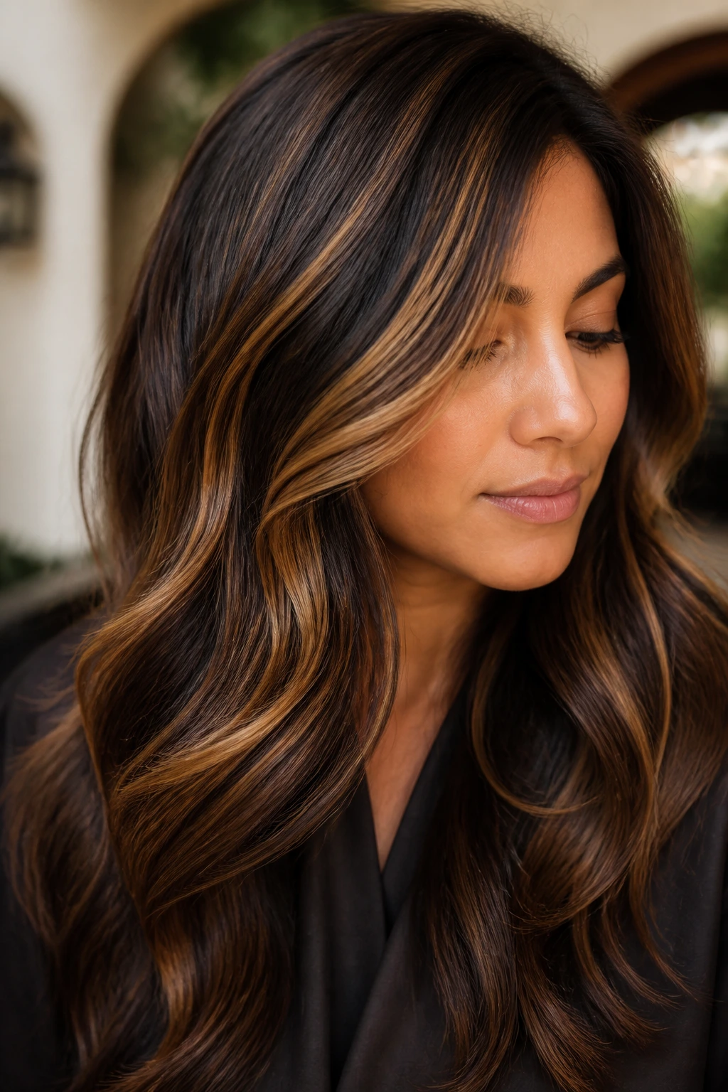 Close-up of a real woman's hair with tiger-eye ribbons in honey, bronze, and caramel