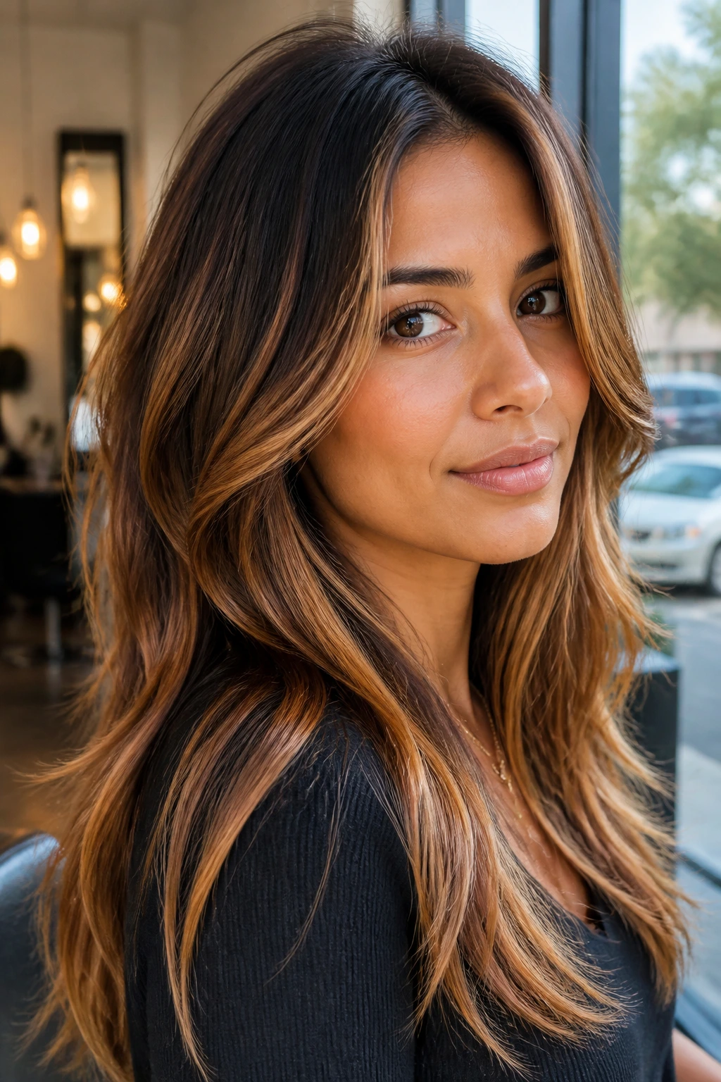 Close-up portrait of a real woman with Tigereye Balayage on olive skin in warm salon light