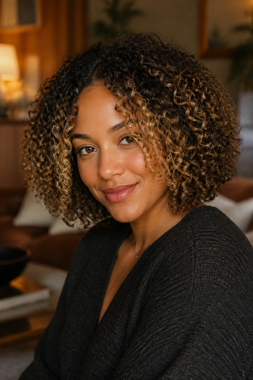Close-up of a real woman's tight coil bob with chunky face frame