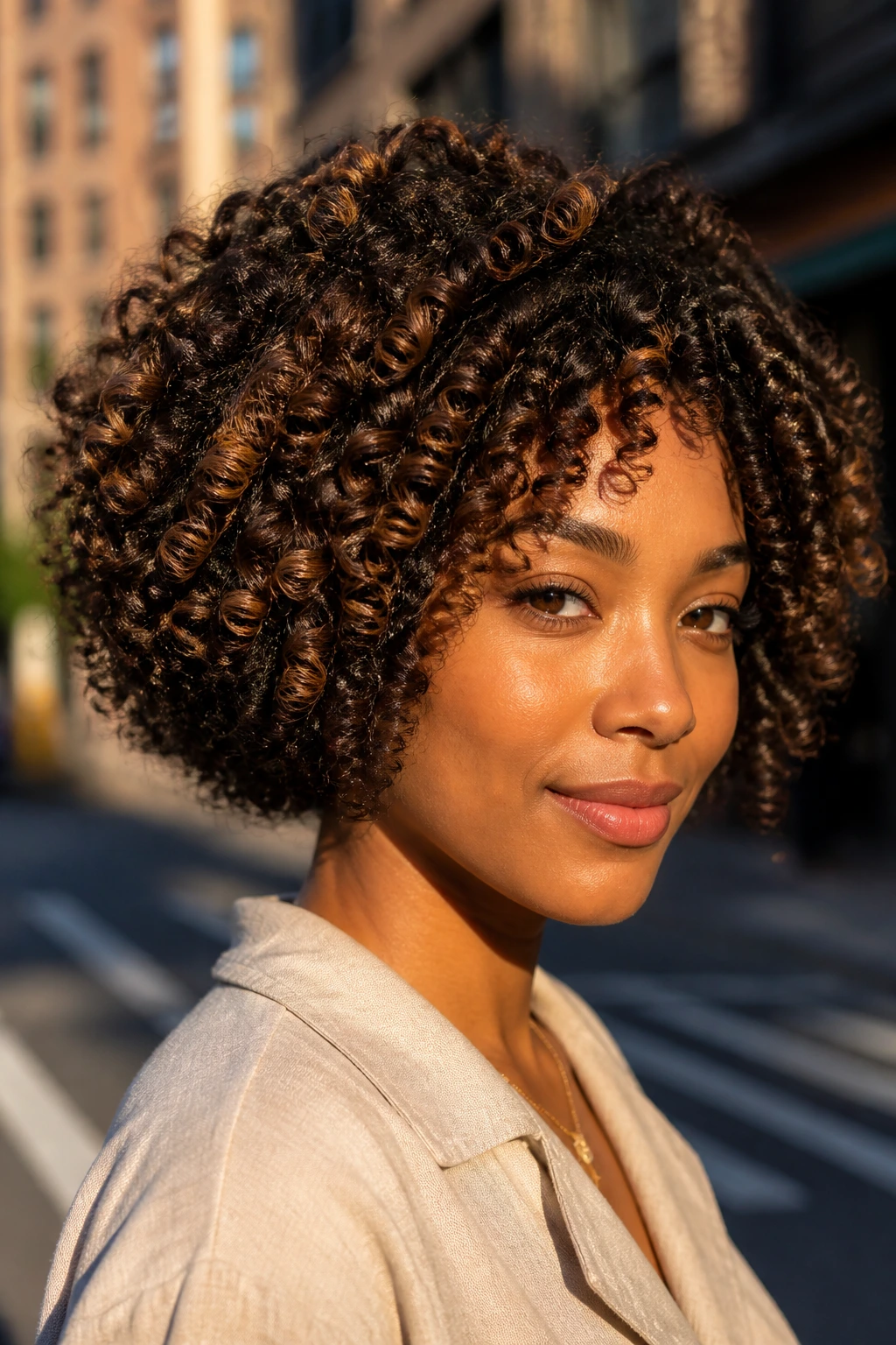 Close-up of a real person with tight-coil bob and sepia depth