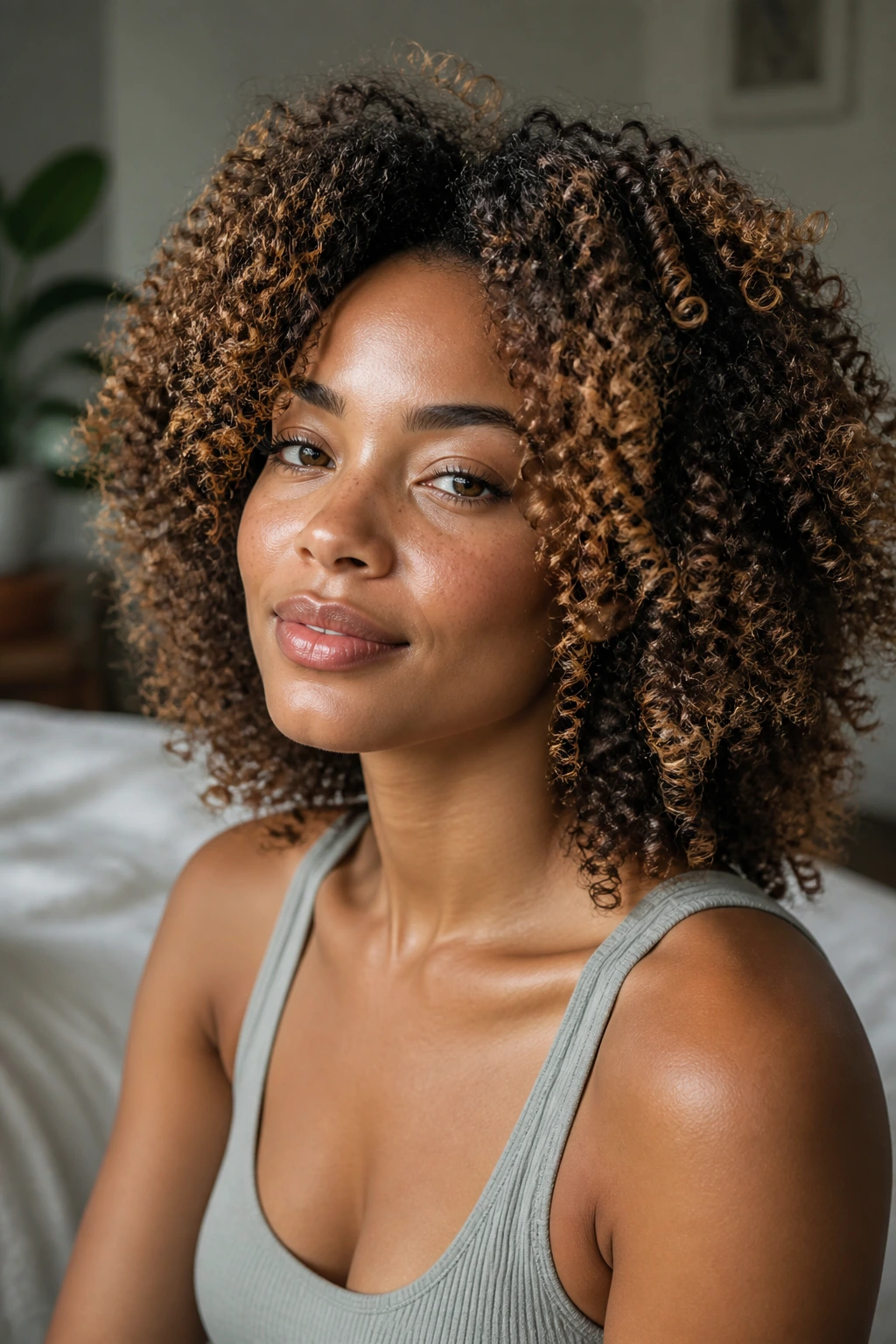 Close-up of tight coils with face-framing layers and caramel halo