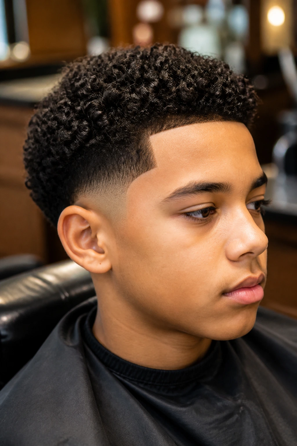 Close-up portrait of a real boy with tight curls and a defined edge in a barber chair